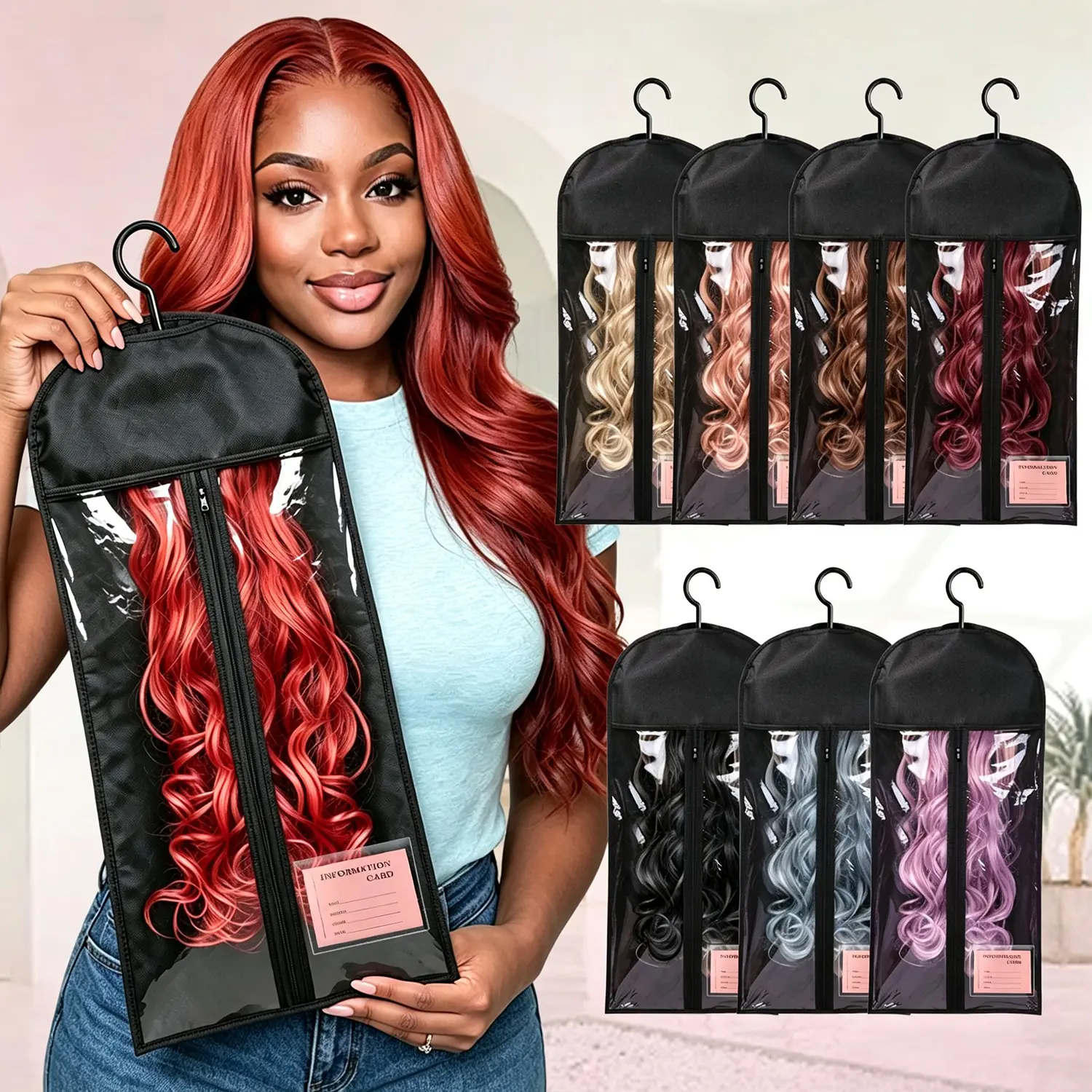 Falote 8PCS Wig Storage Bags with Card Slot Design for Easy Identification, Multi-Functional Dust-Proof Wig Organizer with Hook for Multiple Wigs & Accessories, Travel-Friendly