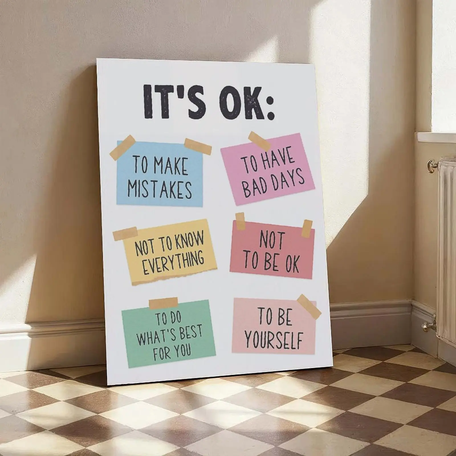"It's OK" Positive Affirmations Canvas Wall Art, Mental Health Quotes Poster, Pastel Sticky Notes Print for Dorm Room Home Decor