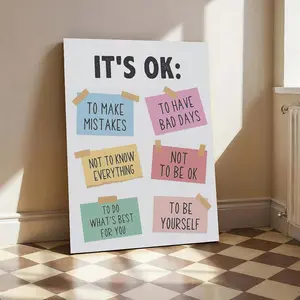 "It's OK" Positive Affirmations Canvas Wall Art, Mental Health Quotes Poster, Pastel Sticky Notes Print for Dorm Room Home Decor
