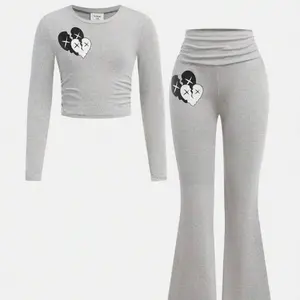 Gray Heart Pattern Long Sleeve Top & Flared Pants Set for Women - Stylish Womenswear Clothes