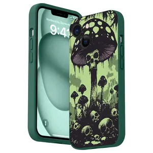 Straight Edge Mushroom Skull Pattern Phone Case for iPhone 16 15 14 Pro Max 13 12 11 XR XS Plus Shockproof Non Slip Military-Grade Protection Silicone Cover