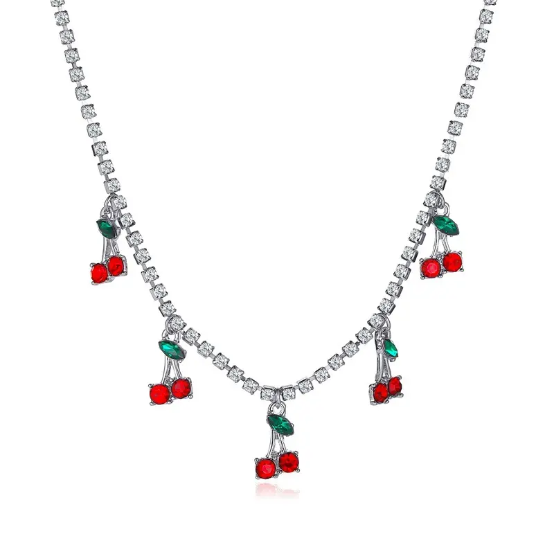 CZ Cherry Pendant Tennis Necklace for Women | Adjustable Crystal Cherry Charm Necklace | Cute Fashion Jewelry