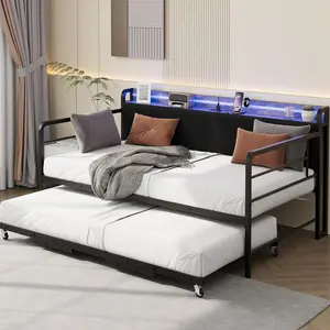 Home Bedroom Daybed with Trundle Bed, Twin Bed Frame with Corduroy Upholstered Storage Headboard & Charging Station and LED Light, Heavy Duty Metal Day Bed Pop Up Trundle Bed