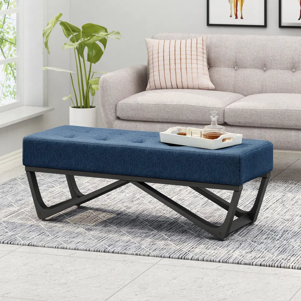 Navy Blue Bentwood Ottoman, Single Storage Box Furniture - 47” w x 17.50” d x 16.50” h, Button Tufted, Geometric Base, for Bedroom & Office Commercial Use