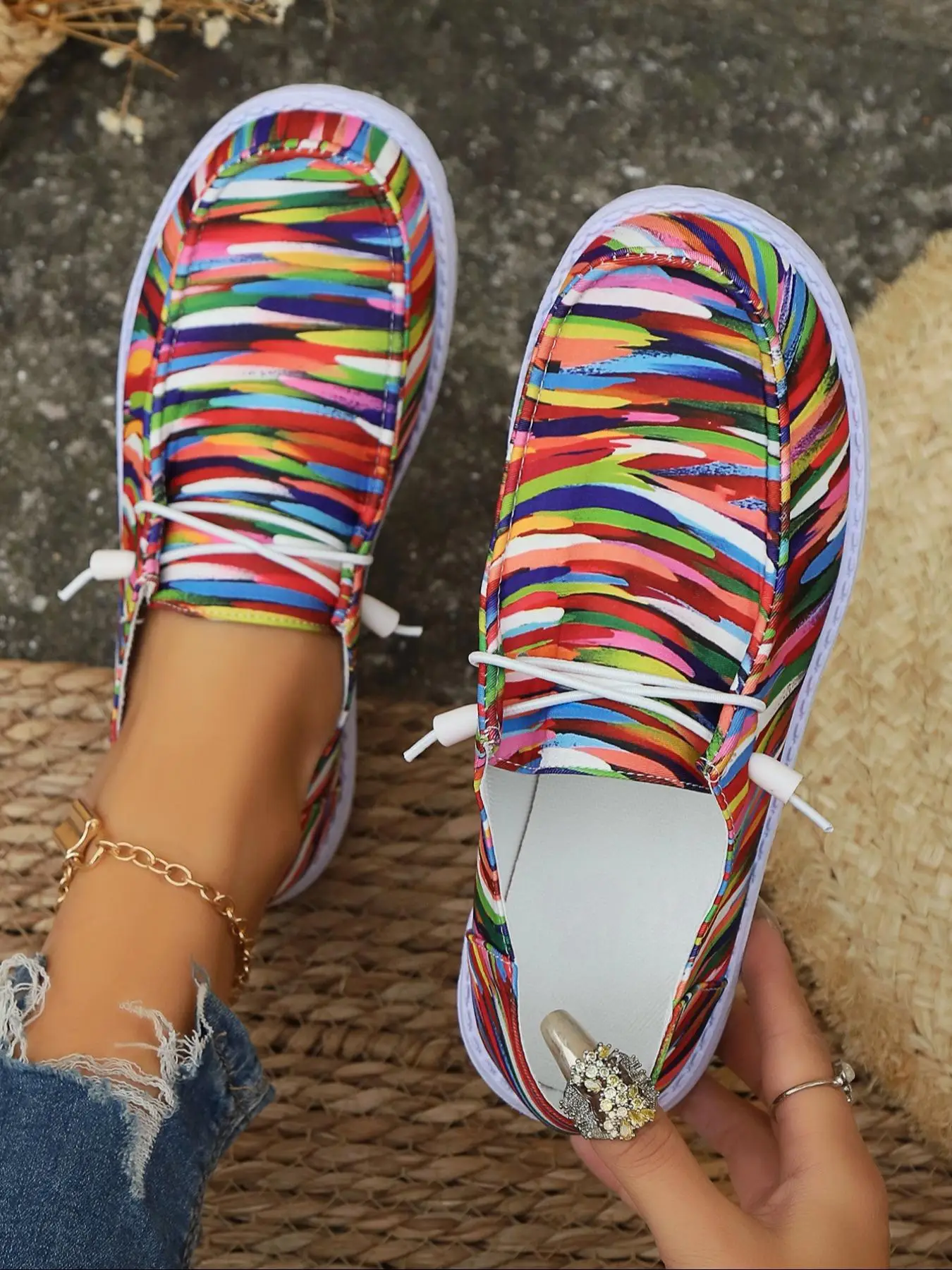 Women's Fashionable Striped Pattern Lace Up Low Top Sneakers, Casual Comfortable Colorful Fall Shoes for Daily Wear, Trendy All-match Flat Shoes for