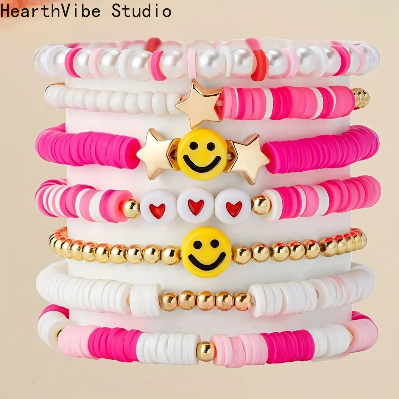 7pcs Bohemian Beaded Bracelet Set - Elastic Sports Wristbands, Soft Clay Stackable Stretch Bangles with Heart, Star, Joyful Face, Rice Beads, Cute Jewelry for Girls' Daily Wear