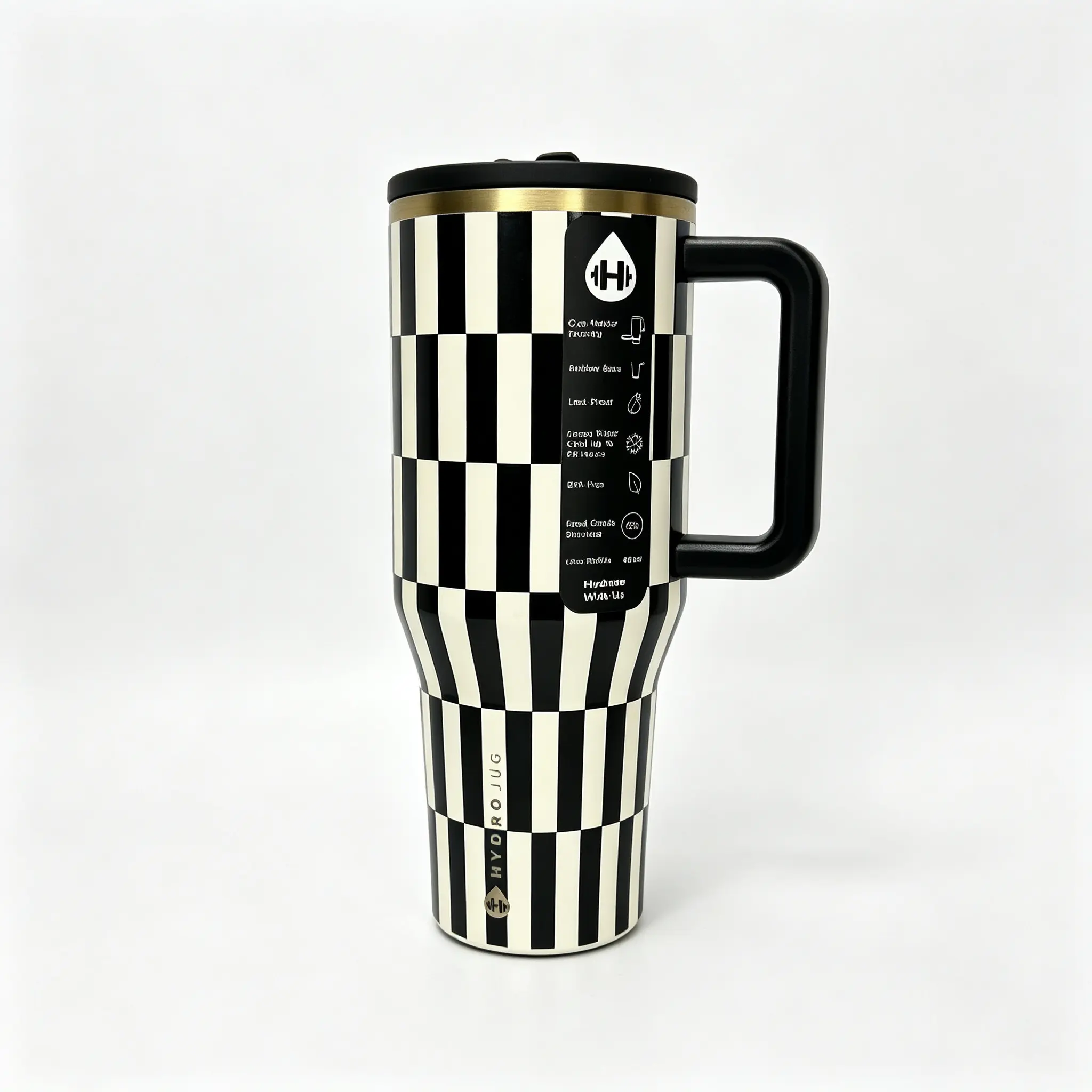 HydroJug 40oz Portable Travel Tumbler - Black & White Checkerboard, Leakproof Straw Lid, Vacuum Insulated Stainless Steel Drinkware, BPA-Free, Cup Holder Friendly Insulated Flask for Cold & Hot Drinks