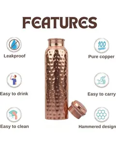100% Pure Copper Bottled Water Bottle - 34 Oz Extra Large Wide Mouth Stylish Hammered Ayurvedic Vessel with Leak-Proof Lid, Handcrafted, Reusable, BPA-Free, Portable, Washable Travel Kitchenware Drinkware
