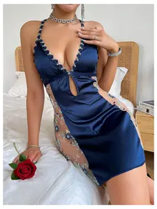 Satin Floral Embroidery Slip Dress Cut Out Backless Chemise Nightgowns