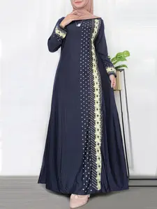 Women's Floral & Dot Print Long Sleeve Maxi Dress, Modest Round Neck Arabian Dress for Daily Wear, hijabi cute dresses, Ladies Islamic Clothing for All Seasons