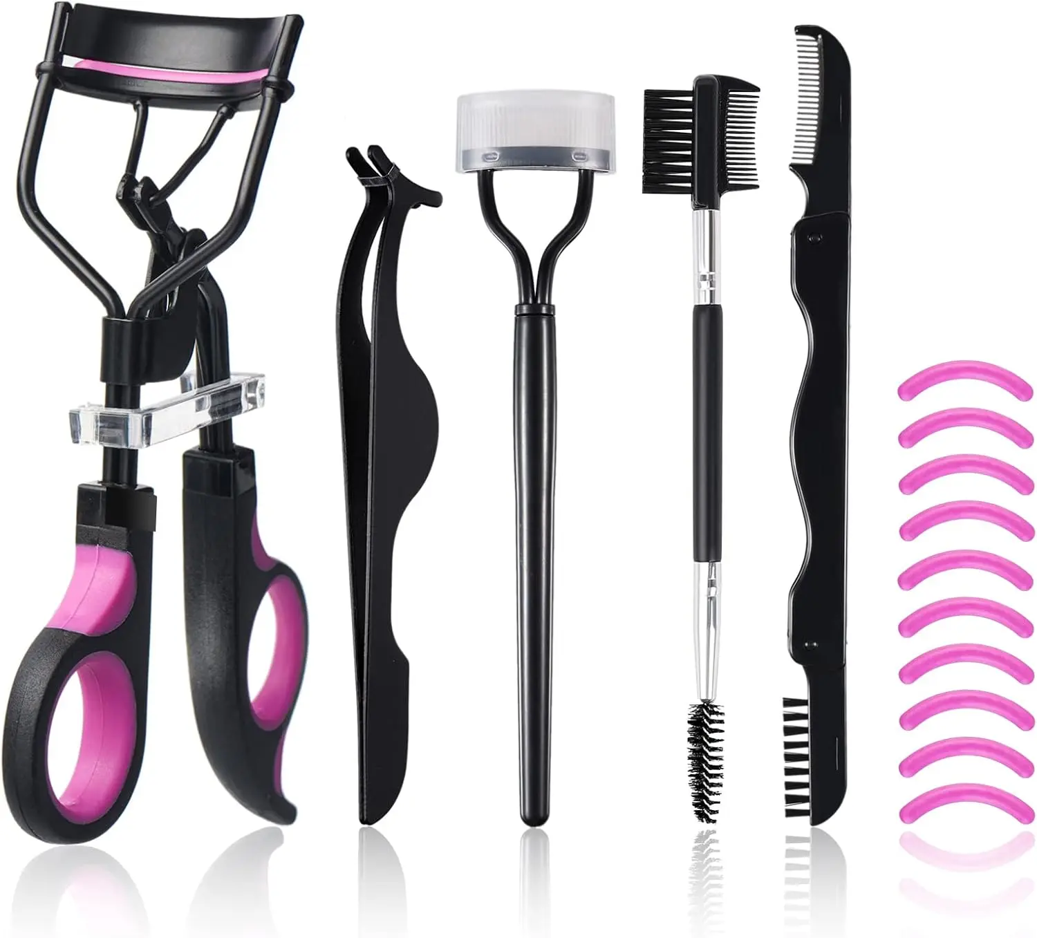 Halloween Fall Gift Eyelash Curlers Kit for Women w Lash Curler, Eyelash Comb Seperator, 3 in 1 Mascara Brushes, Eyelash Extension Tweezers, Foldable Eyebrow Brush and Comb, 10 Silicone Refills Pads