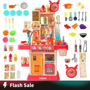 Pretend Play Kitchen Toys for Kids 45PCS withCooking Stove Steam Play Sink Sound & LightEffects Realistic Kitchen Accessories InteractiveWater Pipe Built-in Lights