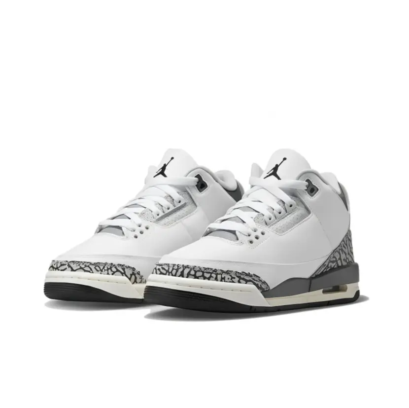 White Mid Top Retro Basketball Sneakers with Dark Grey Crackled Overlays and Cream Layered Sole