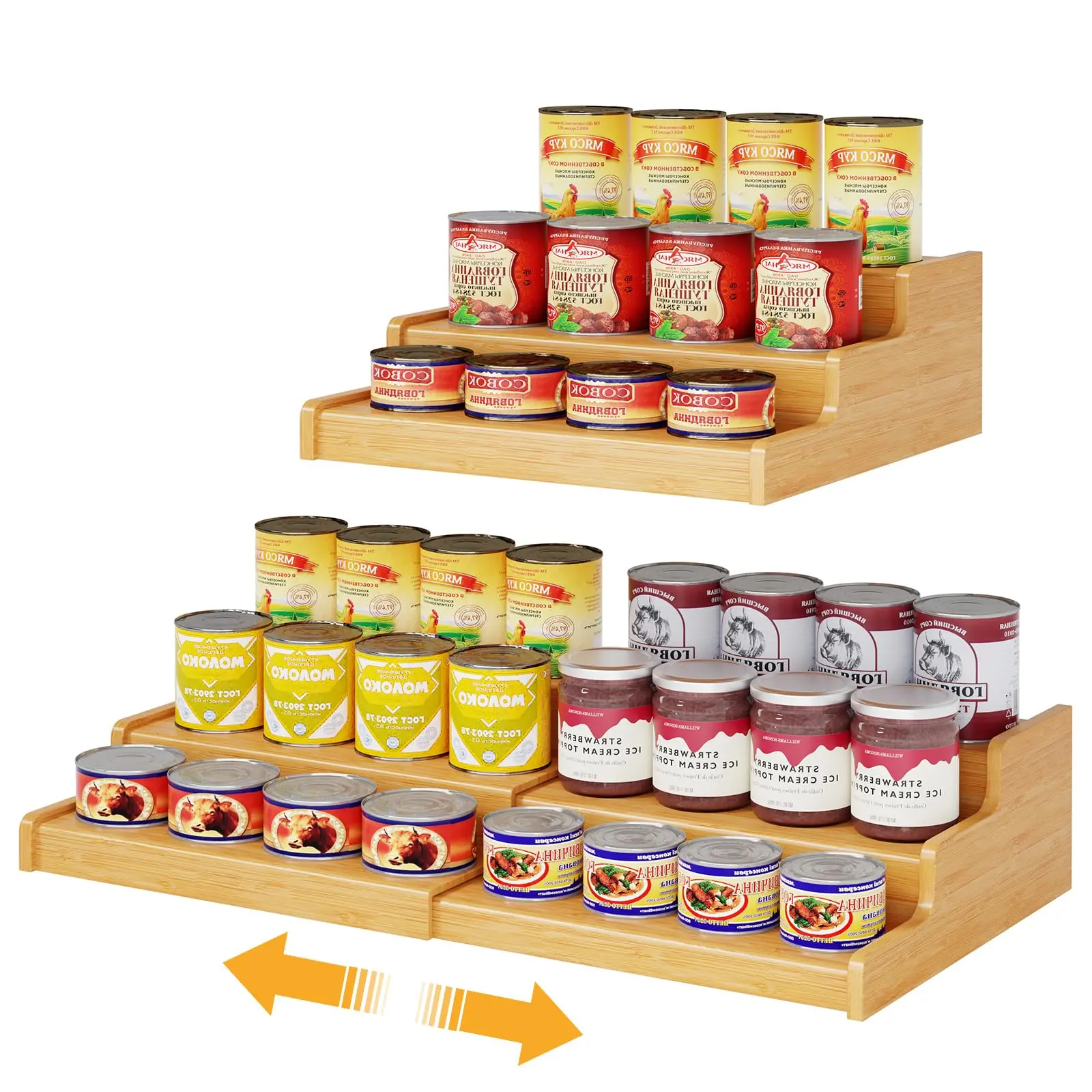 Rectangular Expandable Bamboo Can Organizer Storage, 3-Tier Adjustable Holder for Pantry, Cabinet, Countertop, Holds Up to 24 Cans, Soda & Canned Goods Display
