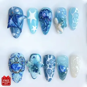 S64 Deep Sea Press-On Nails, 3D Ray, Octopus, Starfish, Crab, Shells, Bubble Art, Blue Ocean Theme, Custom Press-On Nail, Summer, Solana Nails Town