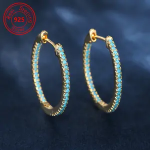 A Pair Of Silvery Hoop 925 Sterling Silver Earrings With Blue Turquoise Stone Decoration Bohemian Style Jewelry Ladies Gift