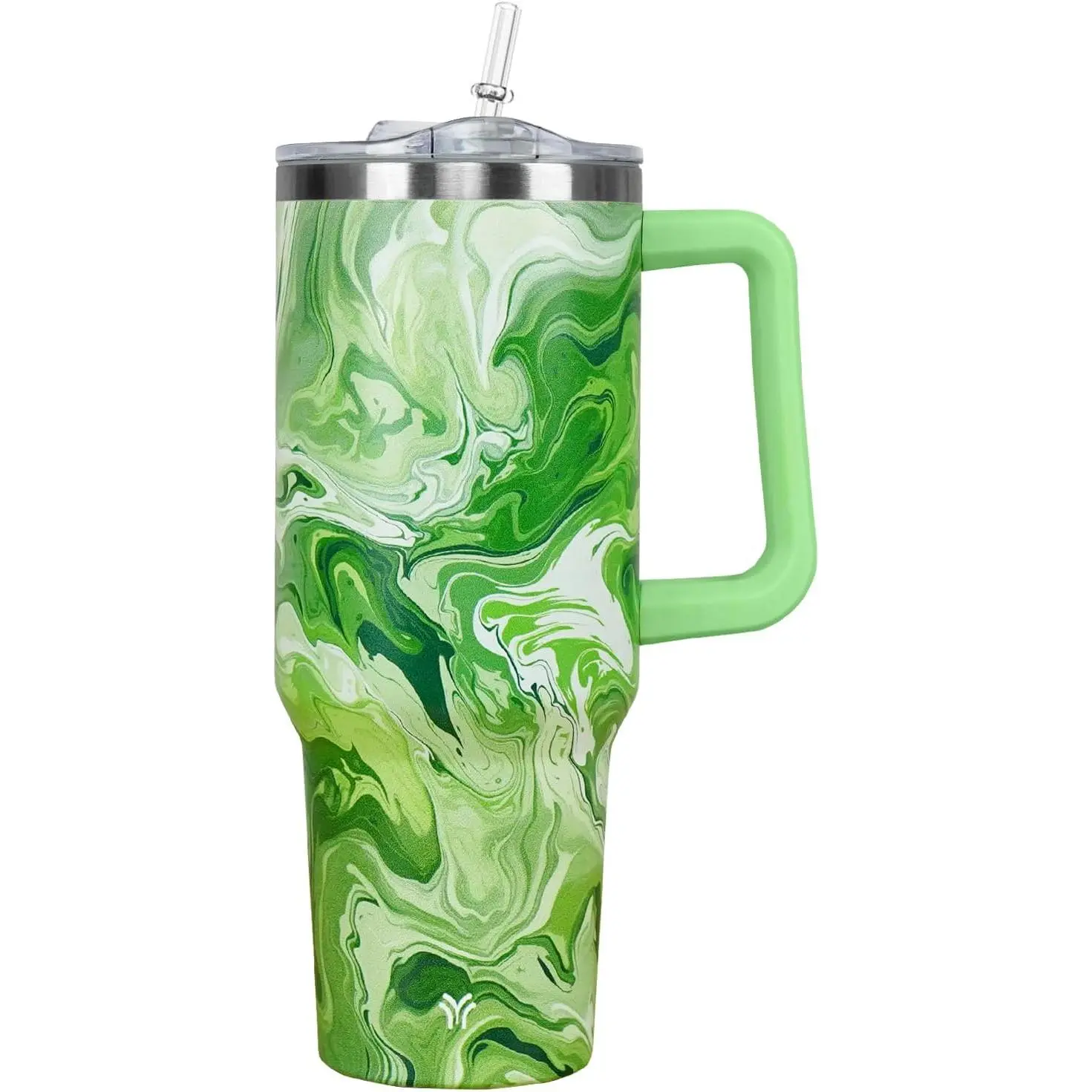 40 oz Stainless Steel Vacuum Insulated Water Bottle - Insulated Cup, Thermal Flask with Handle, Leakproof Straw Lid, Green Marble Design, Reusable Portable Kitchenware Gift for Parents