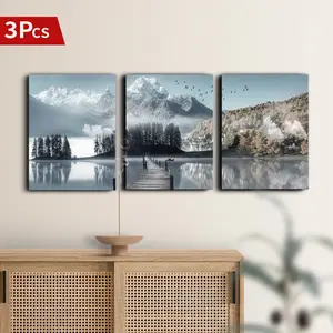 Mountain & Lake Pattern Canvas Painting with Frame, 3 Counts/set Vintage Style Wall Art, Wall Decor for Home Living Room Bedroom Office, Ornaments