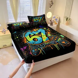 3Pcs Street Trend Style Game Controller "67" Graffiti Print Fitted Sheet Set, Cyberpunk Splash Ink Personalized Style, Soft Breathable Non-slip Fixed Bedding Set, for Teen Boys Bedroom, Dorm, Gaming Room, Home Use