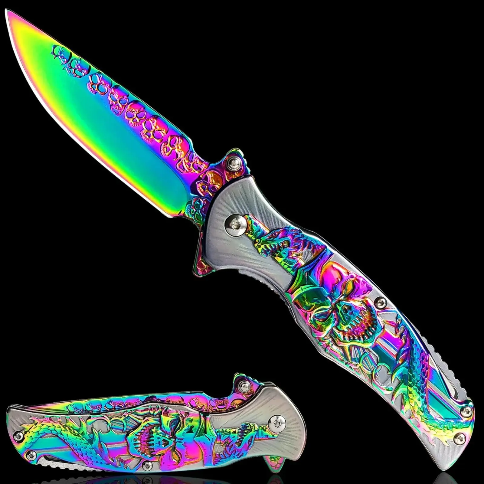 Golden Skull Engraved Folding Knife Lightweight Outdoor Tool for Camping Hunting Fishing with Ergonomic Handle Pocket Clip Perfect Gift for Men Dad Hiking Gear Unique Design