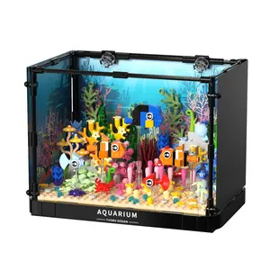 Marine Theme Creative Building Blocks, Aquarium Scene Building Blocks with Atmosphere Light, DIY Assembly Toy for Home Decoration