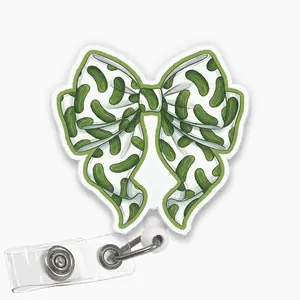 Pickle Bow Badge Reel, Funny Dill Pickle Coquette Bow Nurse Acrylic Retractable ID Holder with Clip
