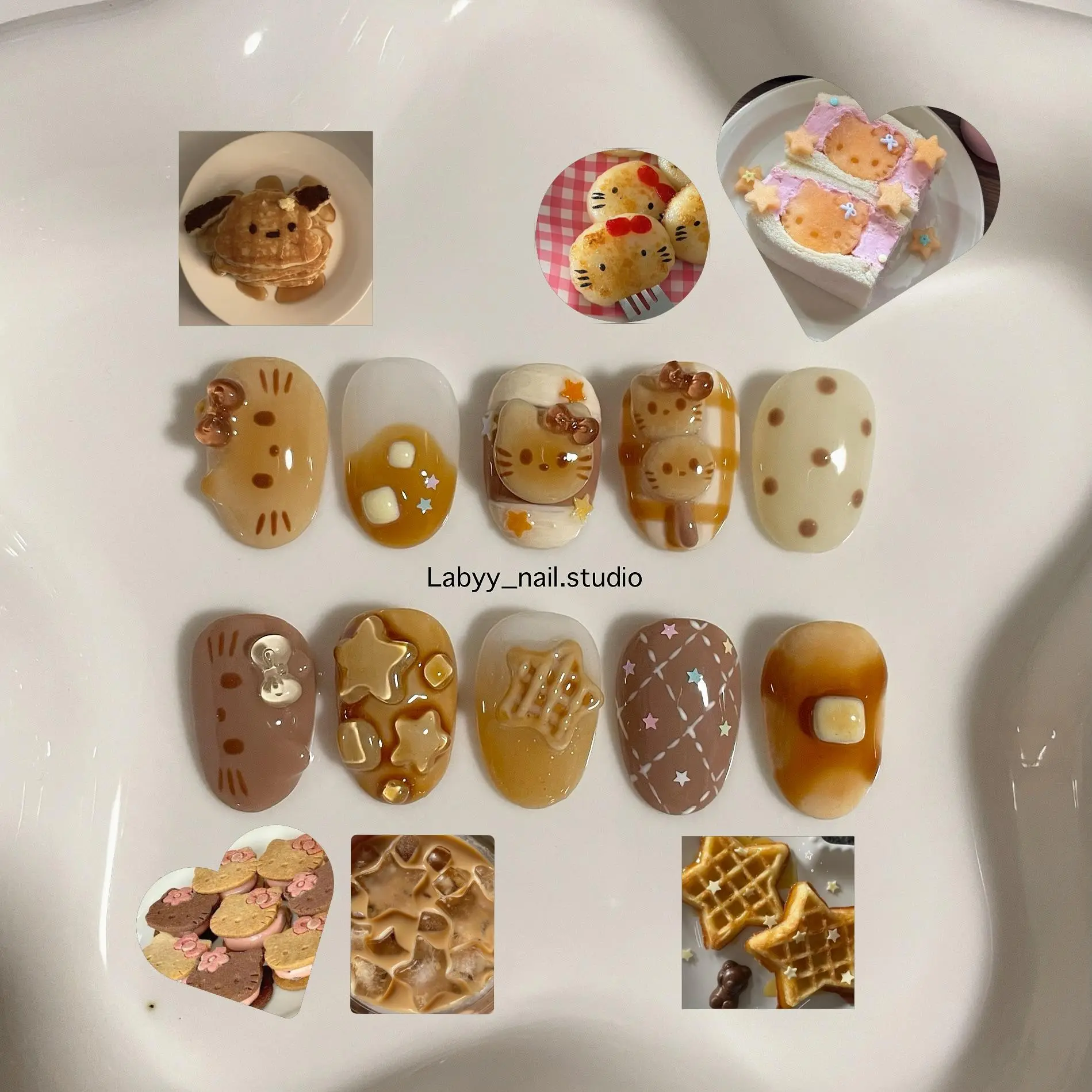 Handmade Kawaii Dessert Press On Nails | 3D Pancake Cookie & Waffle Nail Art | Cute Cafe Aesthetic Gel Nails | Brown Cream Reusable False Nails