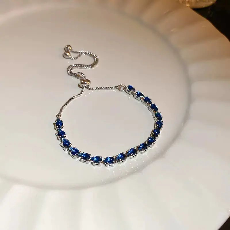 Sapphire Blue Crystal Half Tennis Bracelet Silver Tone Slider Pull Adjustable Bracelet Women Elegant Jewelry