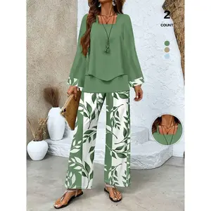 2026 Spring/Summer Women’s Fashion Leaf Print Two-Piece Set – Loose Horn Sleeve Top and Wide-Leg Pants, available in multiple colors, breathable curtain fabric, square neck layered design, versatile for leisure/office/lounge GARMENTARY