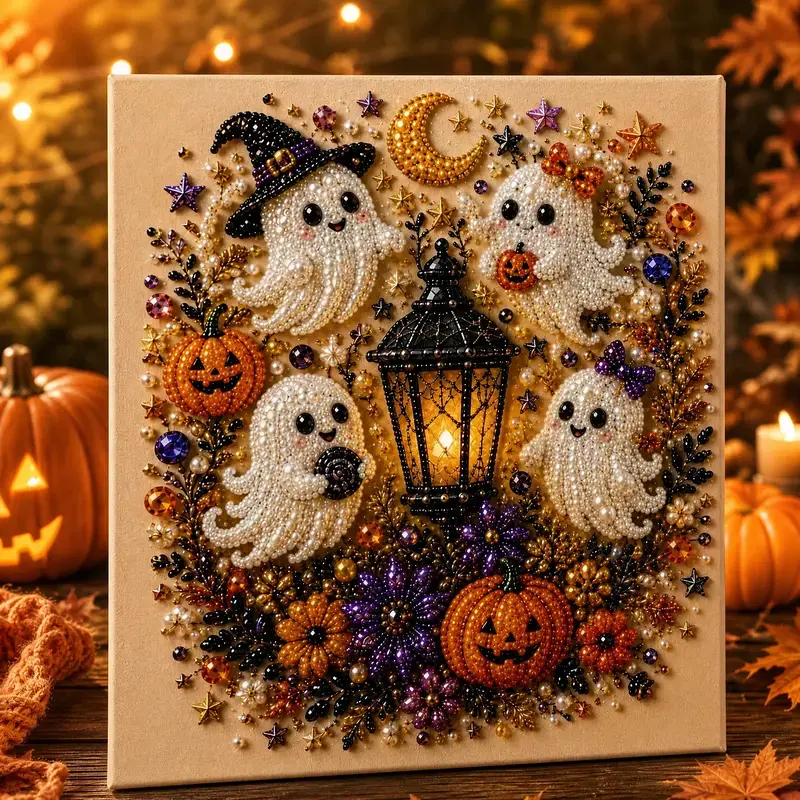 DIY Spooky Cute Ghost 8inx8in 3D Diamond‑Painting Kit With Pearl, Multipurpose Fall Handicraft Set, Luxury Wooden Wall Art Decor, Indoor Household Ornament, Holiday Party Present, Solar Outdoor Light Supplies