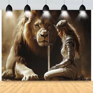 1pc Elegant Lion & Armored Woman Tapestry - Dramatic Fantasy Wall Art for Living Room, Wedding Anniversaries, Parties & Events, No Power Needed, Polyester Material, Versatile Decorative Banner, Event Backdrop | Dramatic Wall Art White
