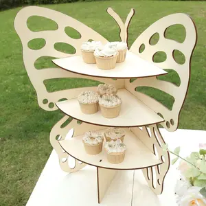 3-Tier Wooden Cupcake Stand 24" Butterfly Design Natural - Rustic Dessert Display Shelf Rack