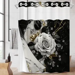 1PC/4PCS 2D Flat Printing Black and Gold White Rose Decoration Patterned shower curtain, home bathroom decor, shower curtain set with 12 hooks, non-slip bathroom rug, U-shaped toilet seat cover, toilet seat mat, Bathroom Decoration Accessories