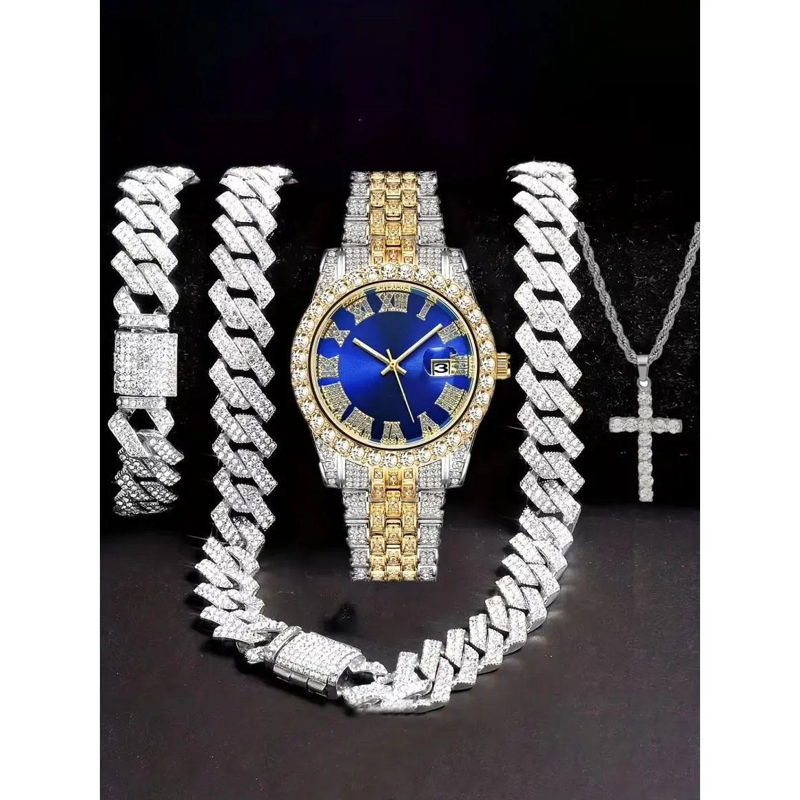 Gold Blue Silver (Watch+Bracelet+Necklac