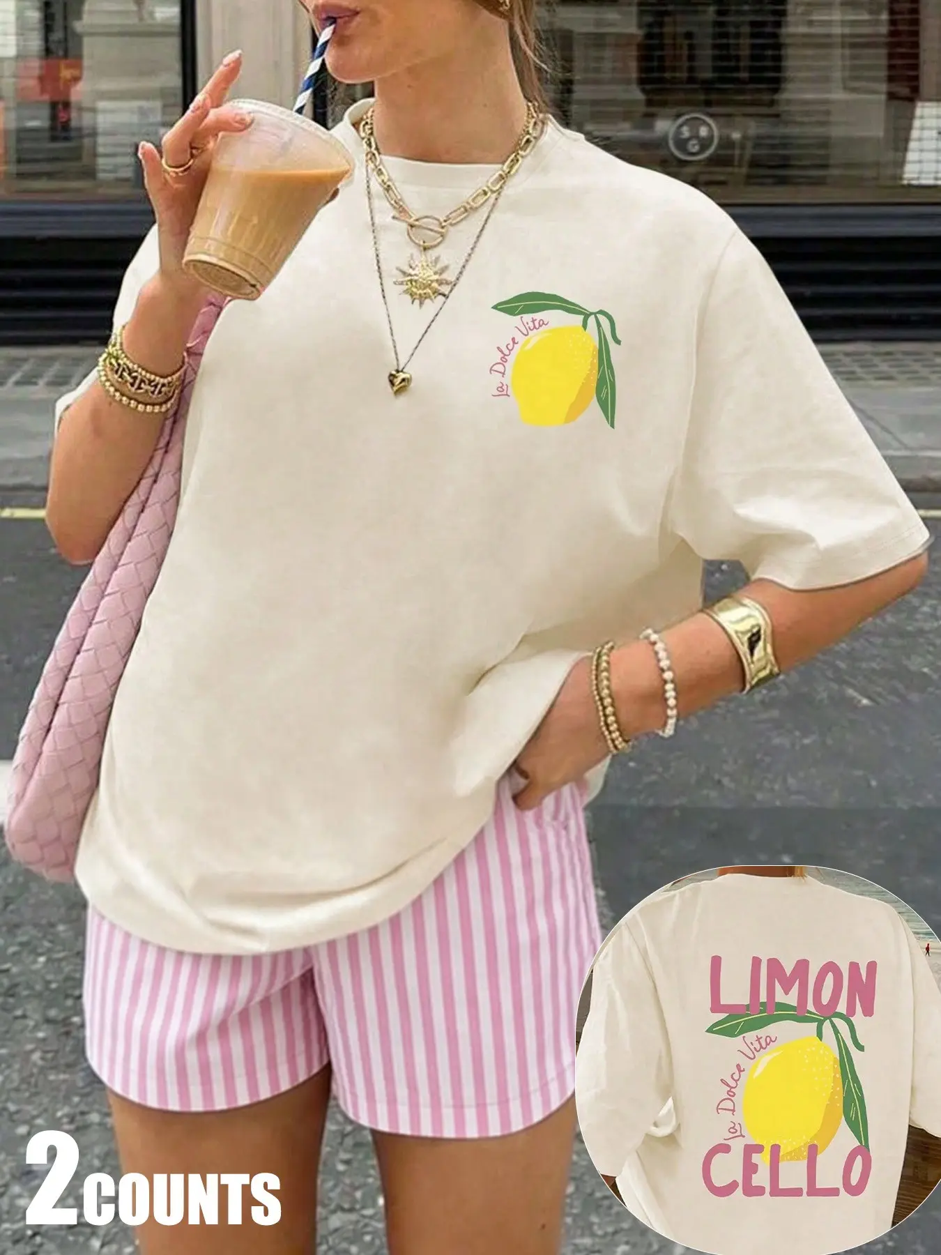Women's Home Wear Set, Lemon Letter Print Round Neck T-Shirt + Striped Shorts, Casual Loose-Fit for All Seasons
