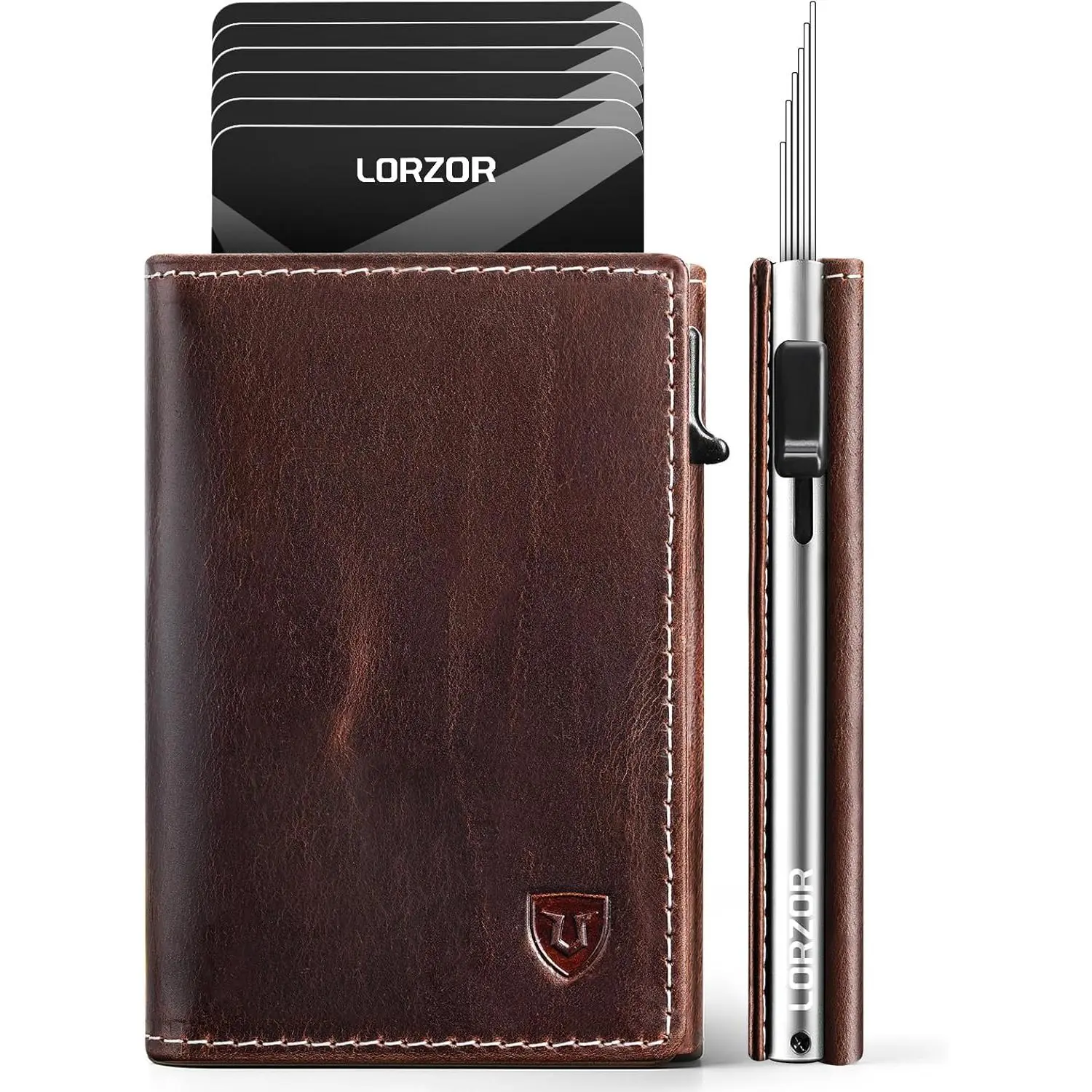 LORZOR Wallet for Men with Metal Card Holder, Pop Up Wallet, Finest Full Grain Leather Trifold Wallet, Smart, Minimalist, RFID Blocking, Front Pocket, ID Window, VintageBrown/Silver