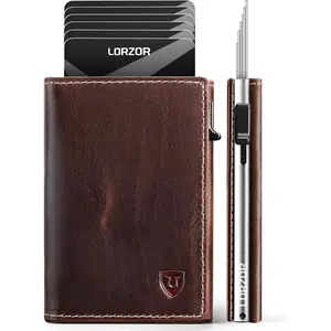 LORZOR Wallet for Men with Metal Card Holder, Pop Up Wallet, Finest Full Grain Leather Trifold Wallet, Smart, Minimalist, RFID Blocking, Front Pocket, ID Window, VintageBrown/Silver