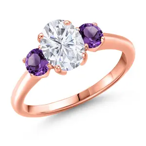 Gem Stone King White Moissanite and Gemstone Birthstone 3-Stone Engagement Ring for Women | 18K Rose Gold Plated Silver | Oval 8X6MM and Round 4MM | Three Stone Wedding Anniversary Promise Ring