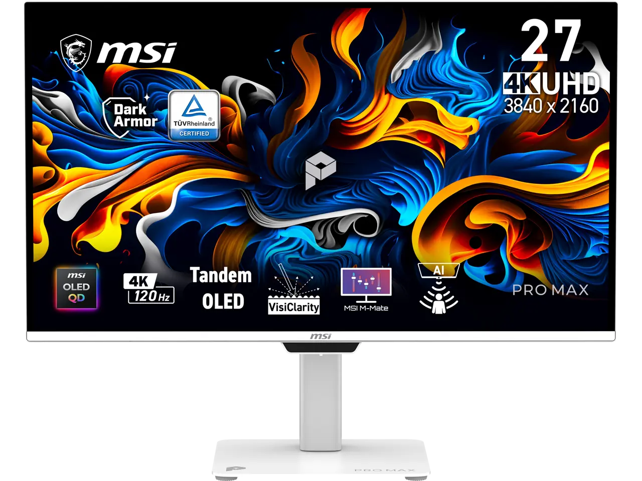 MSI 27 inch UHD 4K 120Hz AMD FreeSync Premium Pro 0.03ms HDR400 USB-C Tandem OLED Built-in Speakers White Gaming Computer Monitor with Height Adjustable, Swivel, Pivot & Tilt Stand  PRO MAX 271UPXW12G