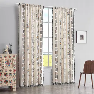 Boho Curtains Bohemian Window Curtains with Black Tassel Fringe Cotton Drapery for Living Rooms & Bay Windows Light-Filtering Farmhouse Curtain, Rod Pocket, 59x84 Inches, 1 Panel