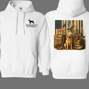 Straight Up Southern Hunting Dog Hoodie – Patriotic American Flag Duck Hunting Hoodie, Golden Retriever Outdoor Sweatshirt for Hunters & Dog Lovers - KitchenEra