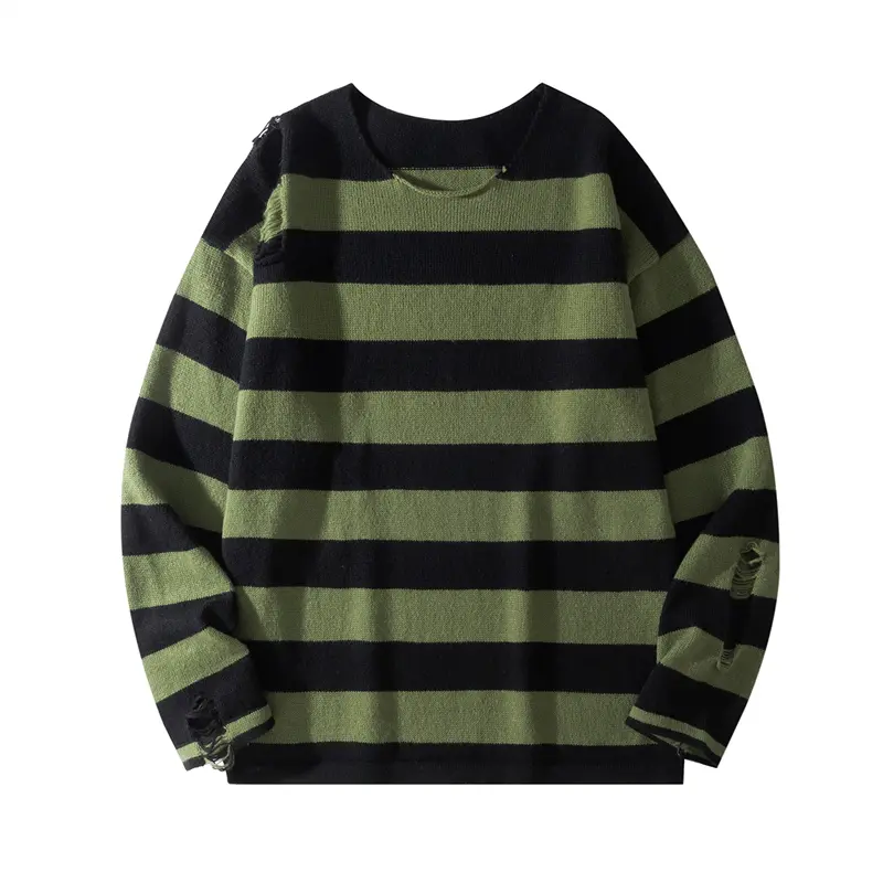 Menswear Round Neck Long-Sleeve Pullover Sweater for Autumn & Winter - Stylish Striped Color-Blocking Distressed Hole Streetwear Tops, Unisex Neutral Casual Indoor Leisure Wear, Longsleeves