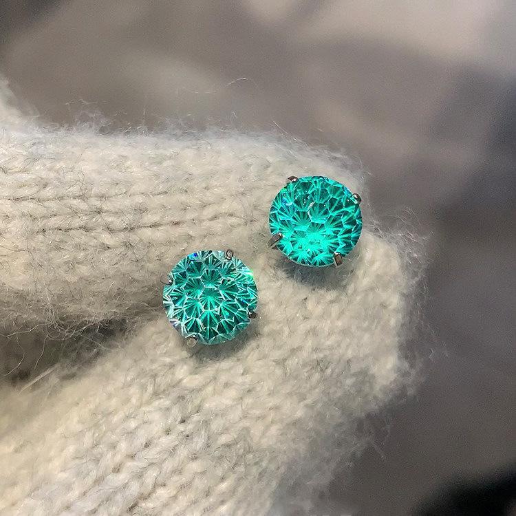 Sterling Silver Flat Back Gemstone Stud Earrings, 8mm Round Teal Blue CZ Disc Studs, Hypoallergenic 4-Prong Basket Setting, Aquamarine-Tone Earring Back Jewelry for Sensitive Ears (Gift for Cartilage Tragus Helix), Flat Back Earrings