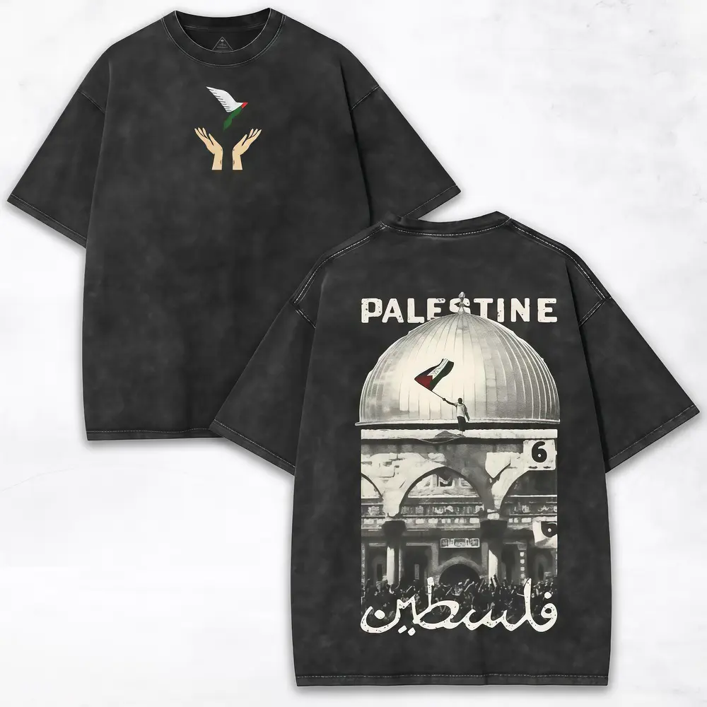 Palestine Freedom vintage oversized tee — double-sided washed heavy cotton shirt with “Hope & Solidarity” graphic; retro streetwear limited drop snowman “Chill Out” T-shirt for men, women, and youth; crew neck
