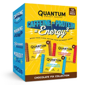 Quantum Energy Square Healthy Protein Energy Bars Chocolate Fix Variety 12-Pack -Organic Caffeine with Balanced Macronutrients, 10g Plant-Based Protein, Vegan, Gluten-Free, Non-GMO