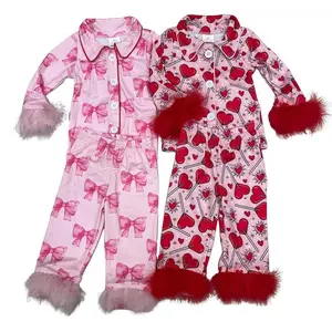 Girl Valentines day Outfit Red Fur Heart Girl Button Pajamas Set