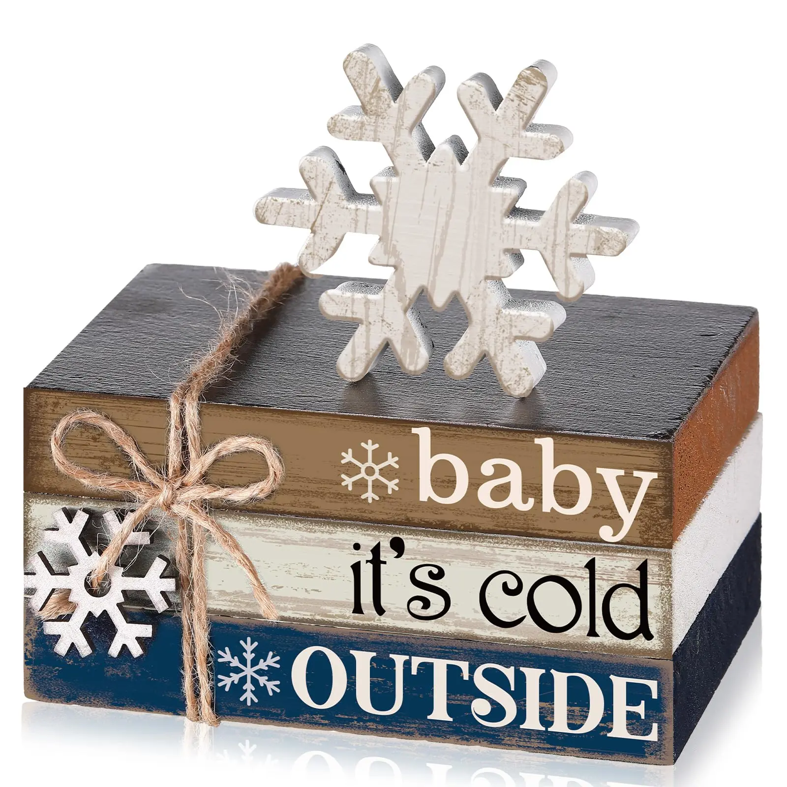 4-piece winter home decor set, winter dining table decoration, Christmas tiered tray centerpiece decoration, indoor rustic wooden snowflake blocks for farmhouse kitchen shelves