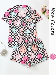 Women's Sleepwear Set, Smiley Face Print Pajamas, Lapel Button Short Sleeve Top & Elastic Shorts, Casual Fitted Nightwear