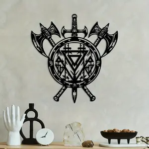 A Viking Vixene and Axe Artistic Metal Wall Decoration - Viking Shield with Rune Stone, Scandinavian Nordic Rune Art, Viking Theme Gift Designed for Viking Enthusiasts, Historical Home and Office Decoration (Vixene and Axe Style)