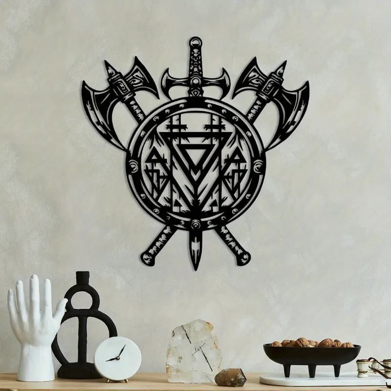 A Viking Vixene and Axe Artistic Metal Aesthetic Wall Decor Ornaments, Art Work For Wall Decor - Viking Shield with Rune Stone, Scandinavian Nordic Rune Art, Viking Theme Gift, Historical Home and Office Decoration (Vixene and Axe Style)